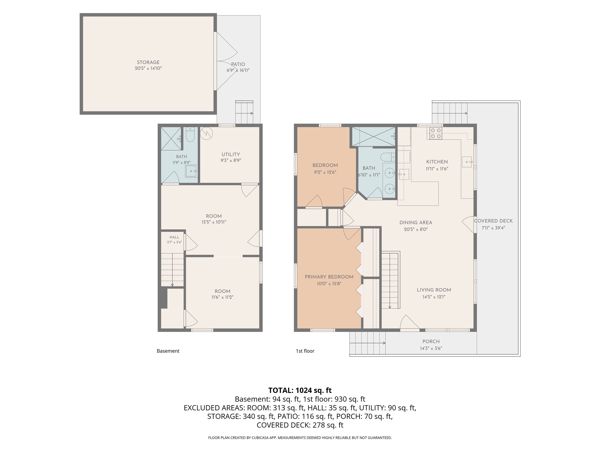 Two-level floor plan with a primary bedroom, second bedroom, basement rooms, and a covered deck.