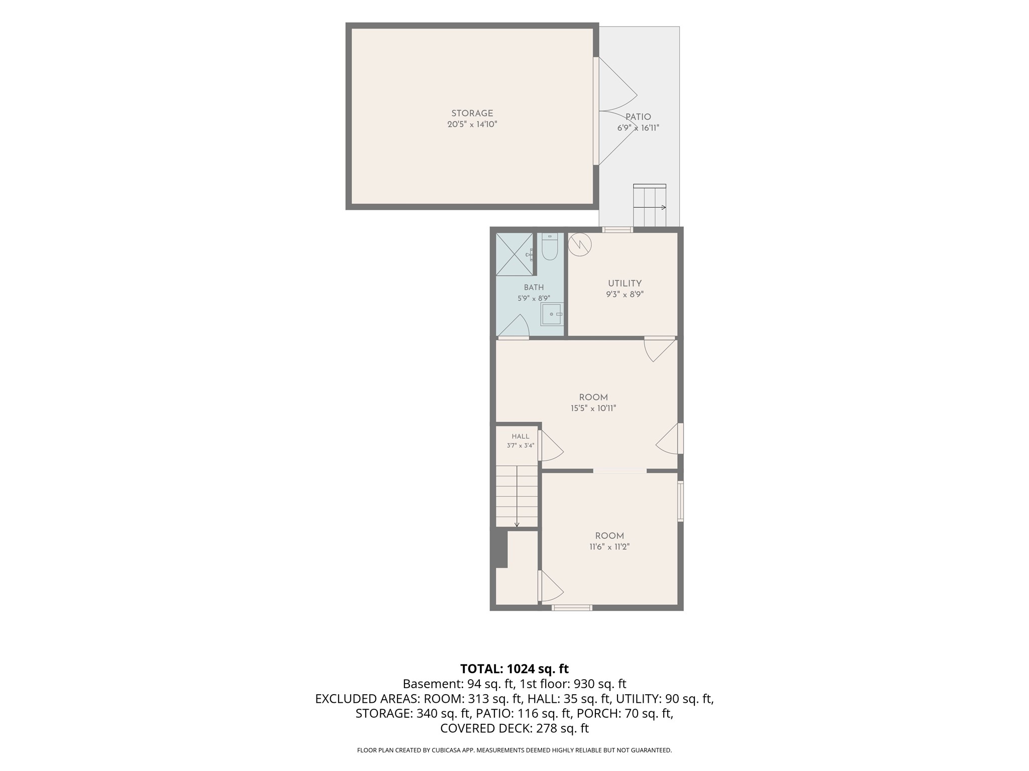 Floor plan showing two rooms, a bathroom, utility room, storage, and patio.
