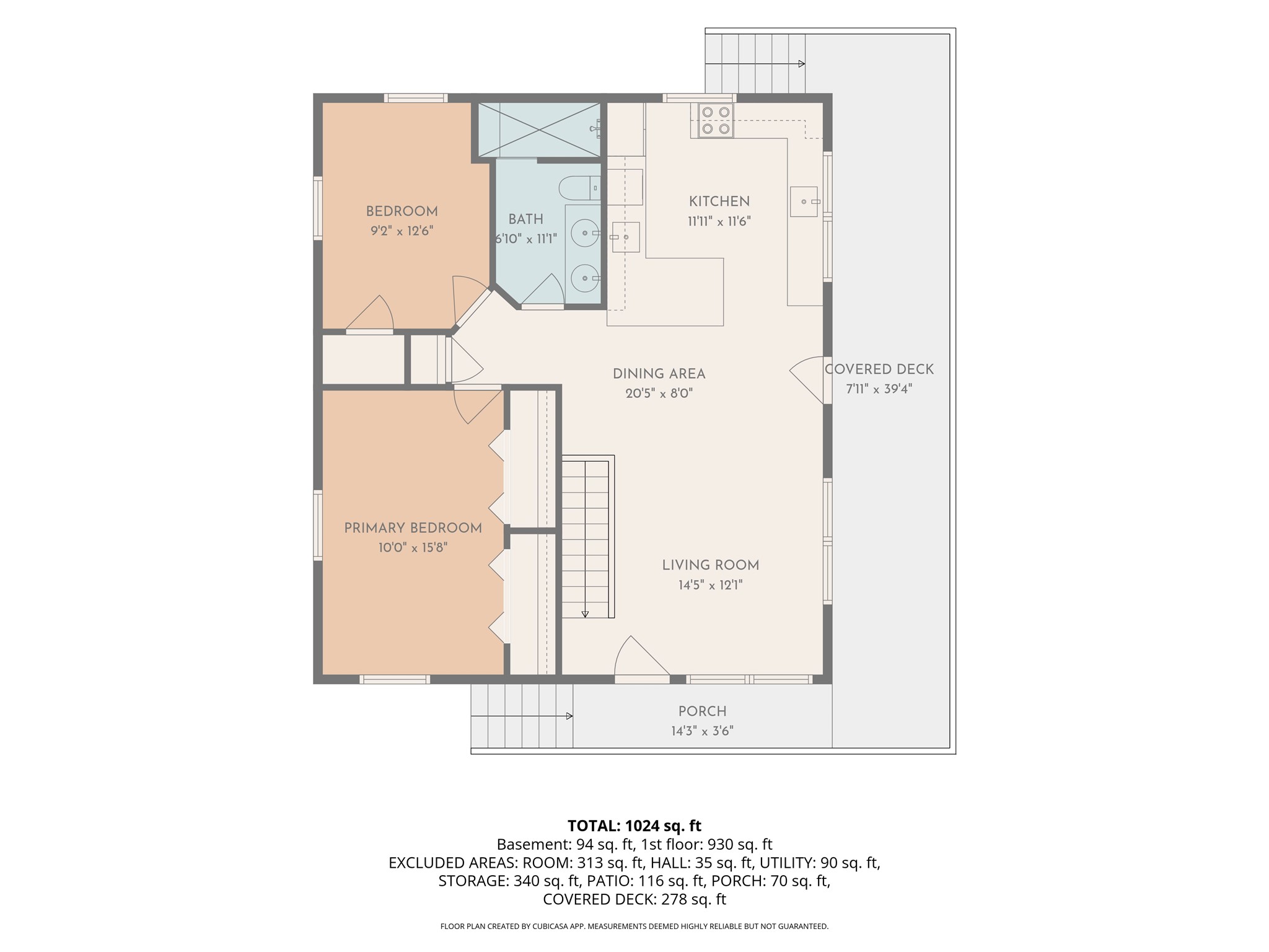 Floor plan showing two bedrooms, one bath, open living and dining areas, kitchen, porch, and covered deck.