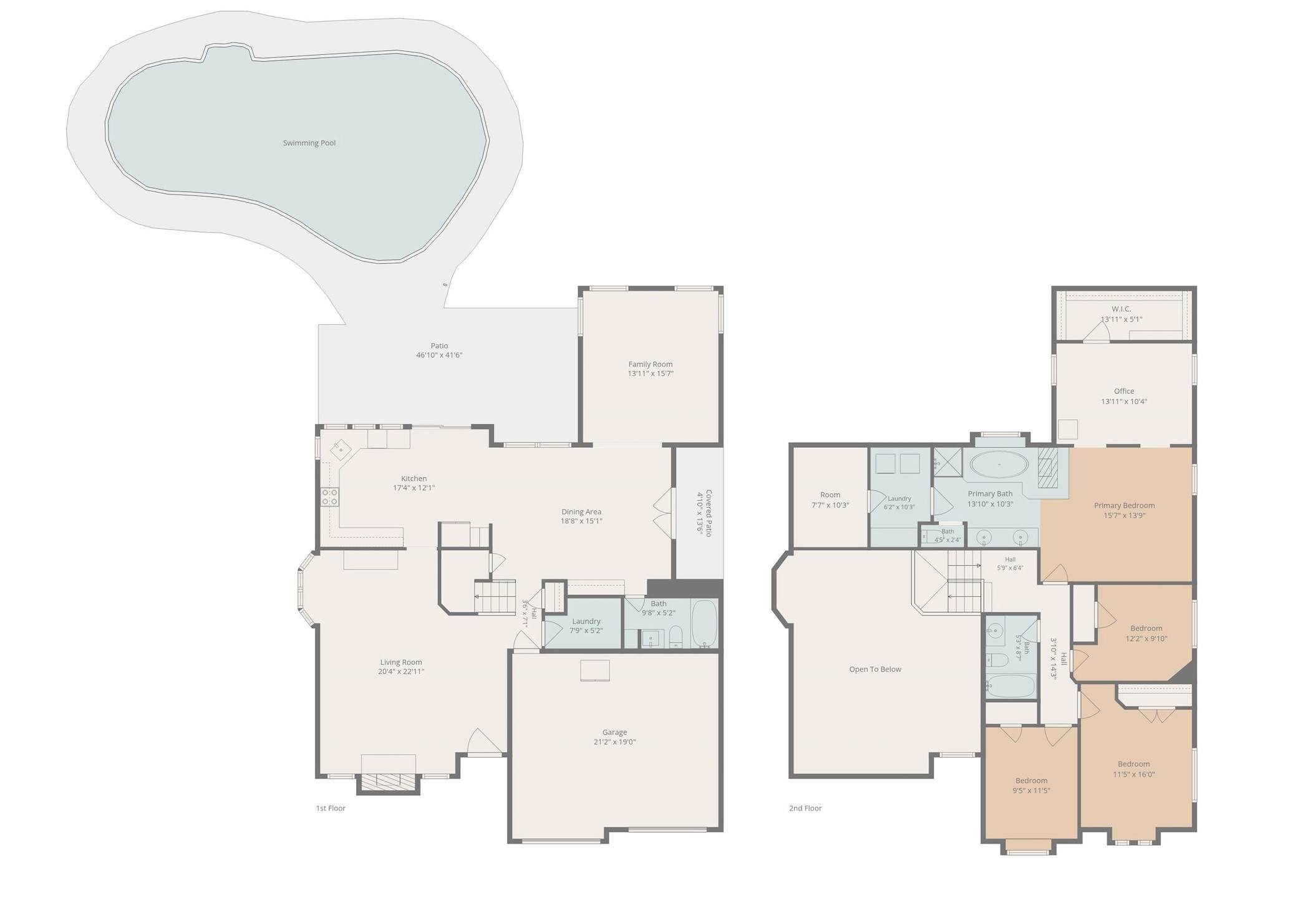 Two-floor home plan with an outdoor swimming pool, patios, garage, living areas, and four bedrooms.