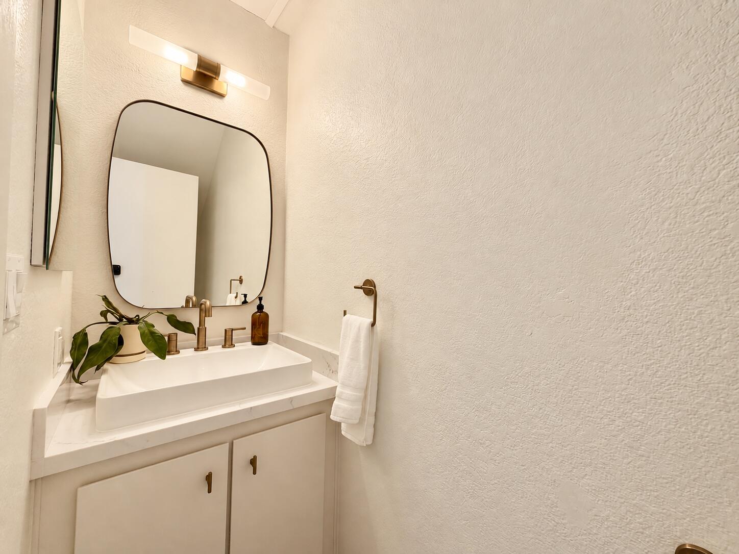 Bathroom vanity with a vessel sink, brass fixtures, rounded mirror, and potted plant.