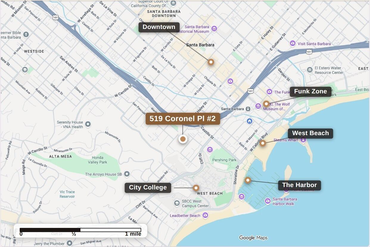 Map locating 519 Coronel Place Apt 2 near Downtown, Funk Zone, West Beach, City College, and the harbor.