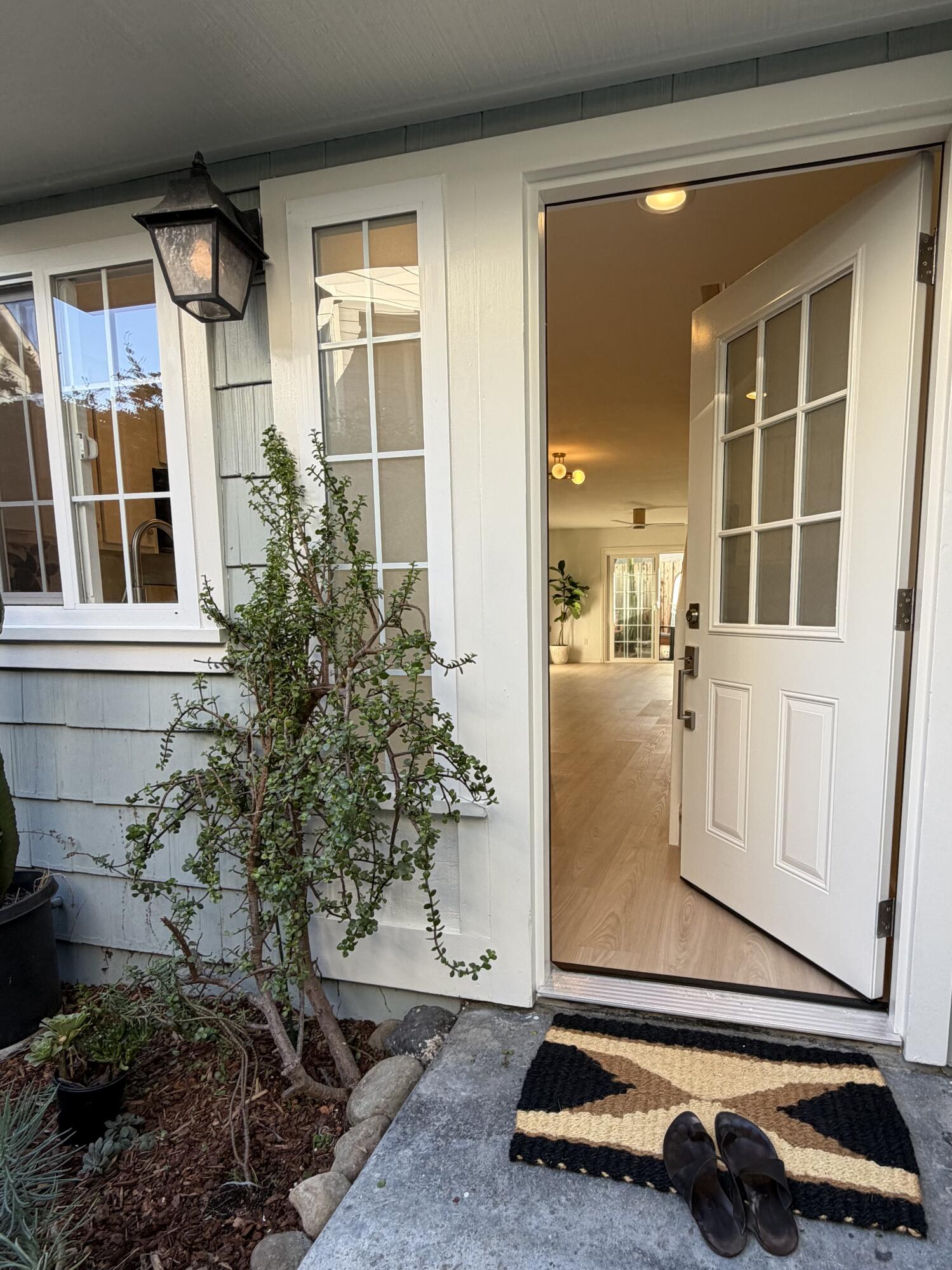 Open white front door reveals a bright interior, with shoes on the striped doormat and a shrub beside the entry.