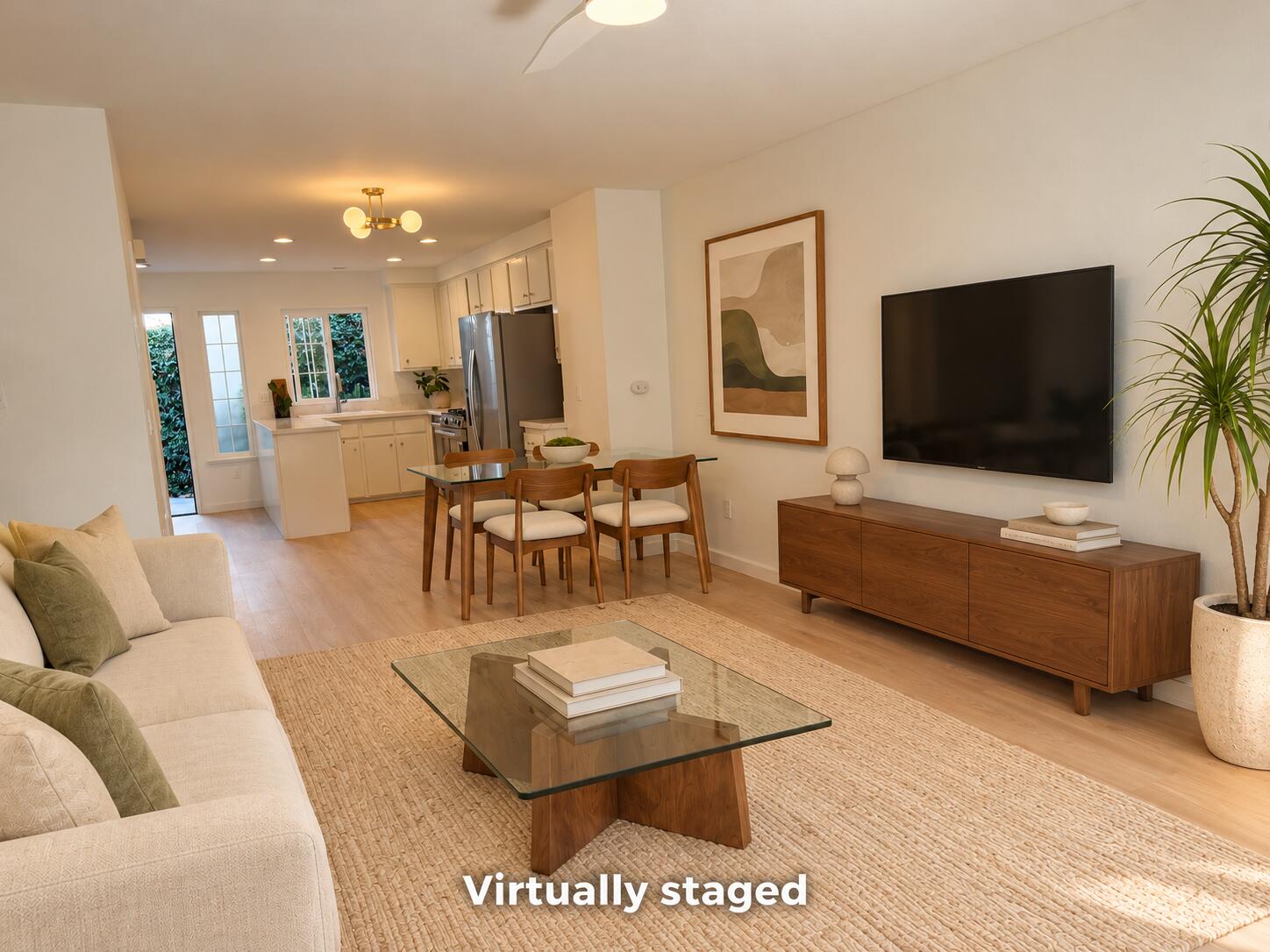 Open-plan living and dining area with a cream sofa, wood furniture, and kitchen beyond.