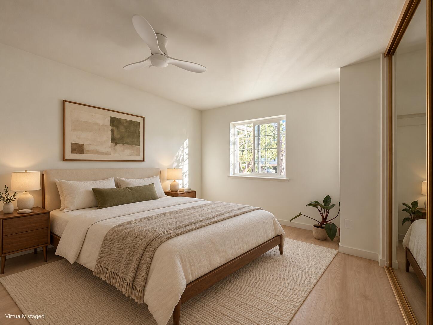 Virtually staged bedroom with a neutral bed, wood nightstands, ceiling fan, and window overlooking greenery.