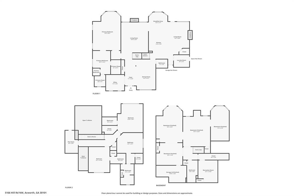 Three-level floor plan showing the first floor, second floor, and basement.