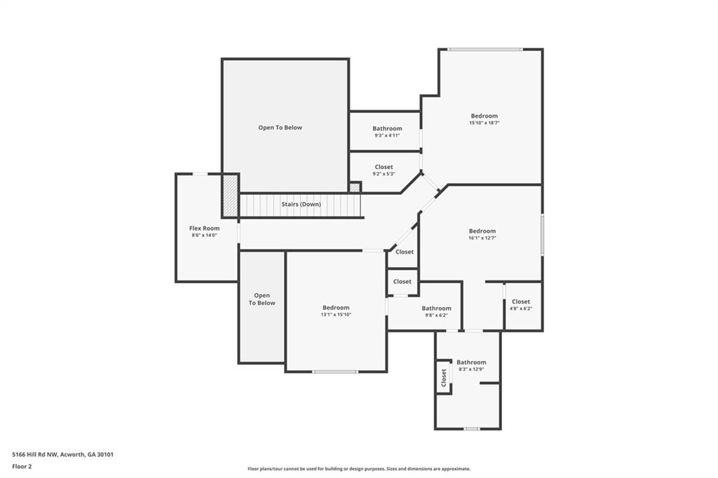 Second-floor plan with three bedrooms, a flex room, three bathrooms, closets, stairs, and two open-to-below areas.
