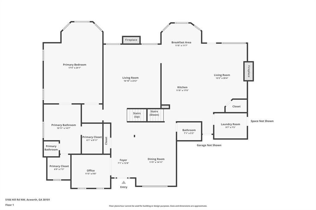 First-floor plan labeled with bedrooms, living areas, kitchen, office, bathrooms, laundry, and entry.