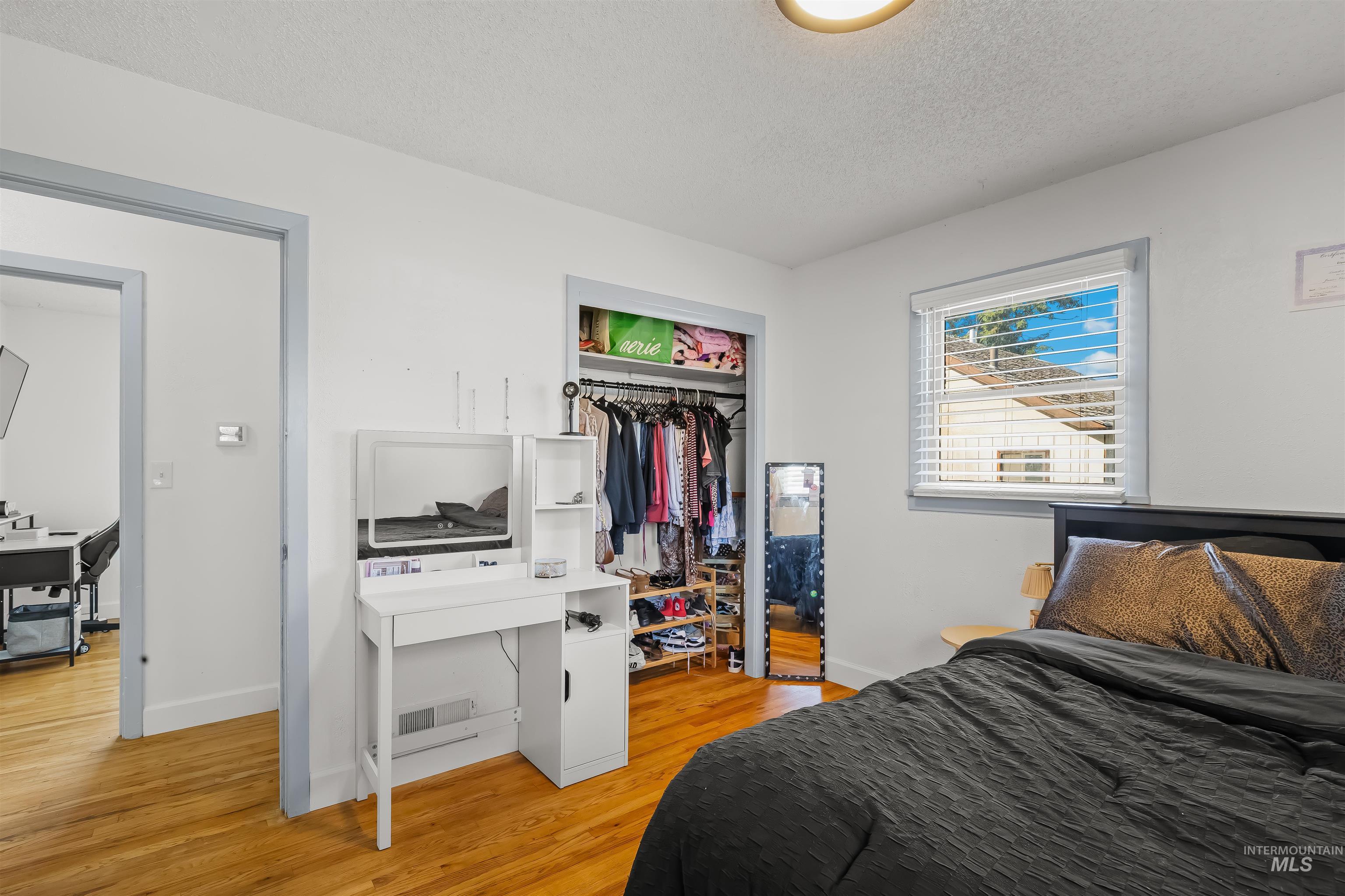 Bedroom with a black bed, hardwood floors, white vanity, and open clothes closet.