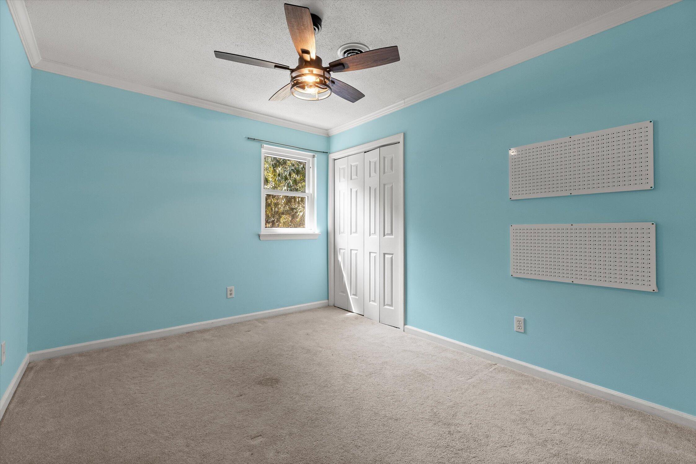 Empty bedroom with blue walls, white closet doors, beige carpet, and wall-mounted pegboards.