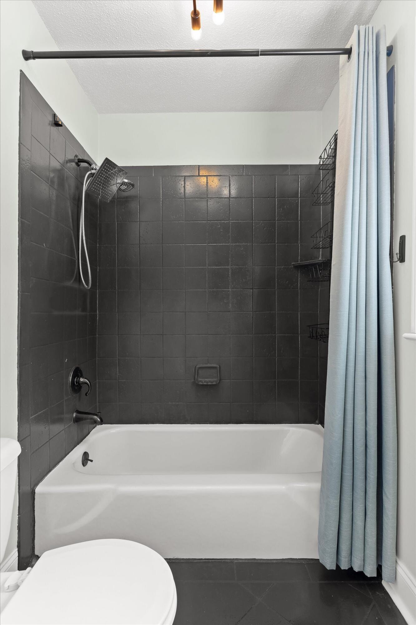 Bathroom tub and shower with dark tile, a handheld showerhead, and a light blue curtain.