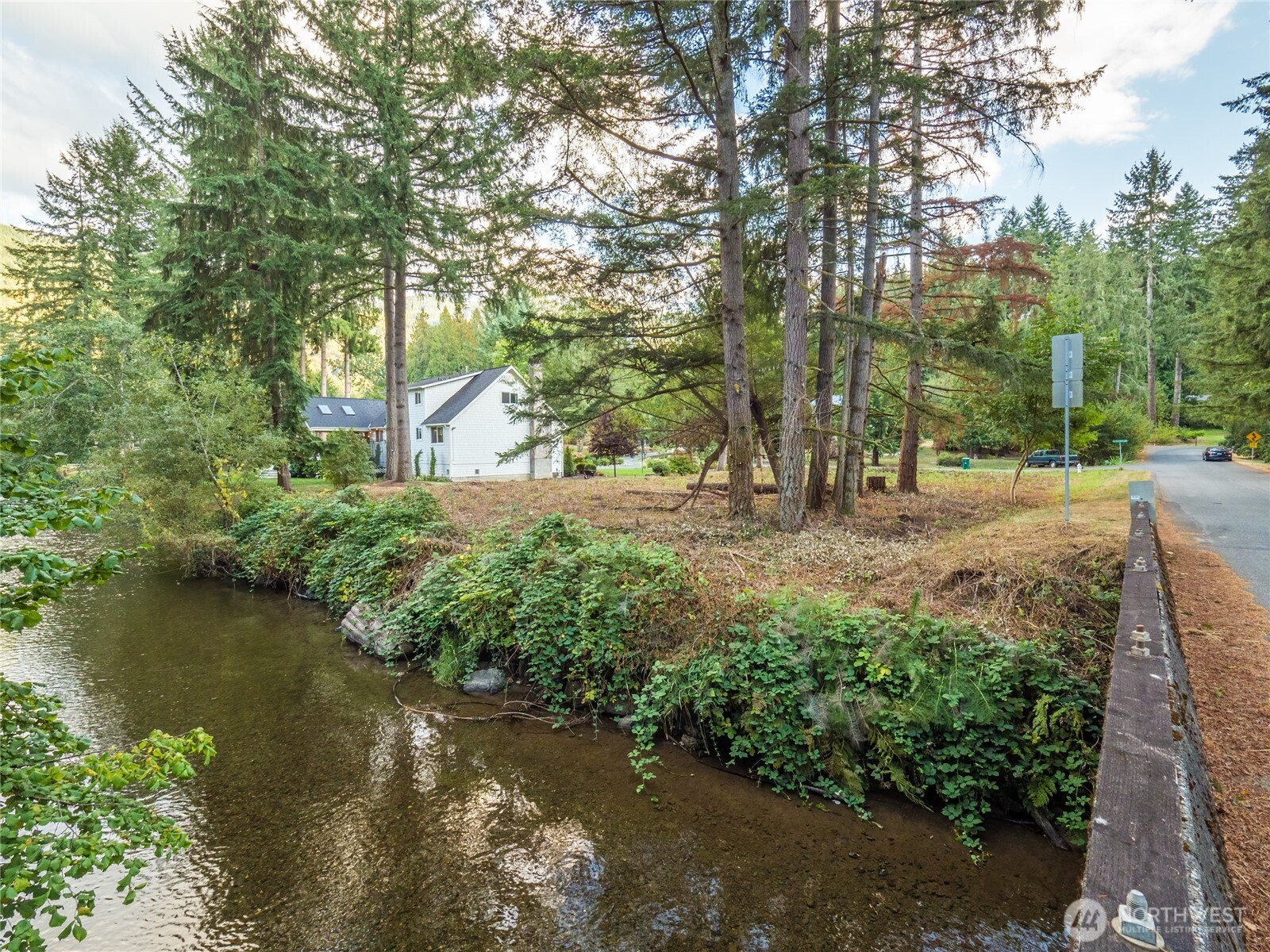 White house among evergreens beside a creek and quiet residential road.