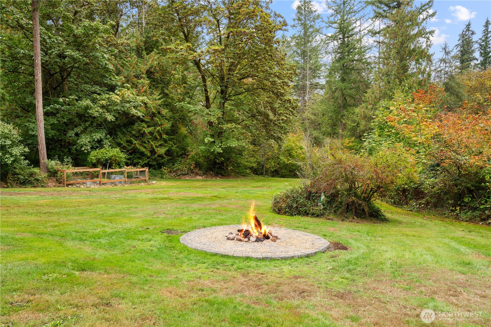 Backyard lawn with a circular stone fire pit and dense trees.