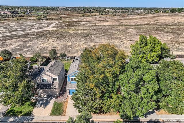 Aerial view of a house partly screened by mature trees beside a large open field.