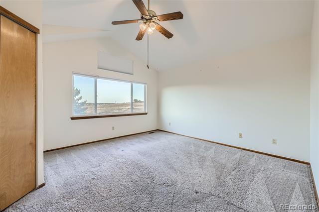 Empty carpeted bedroom with a ceiling fan and wide window overlooking open land.