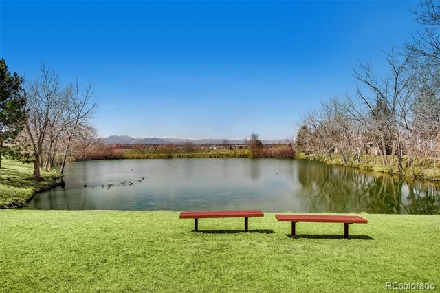 Pond with two red benches on a grassy bank and distant mountains.