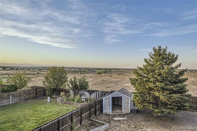 Fenced backyard with a small shed, lawn, and large evergreen tree overlooking open land.