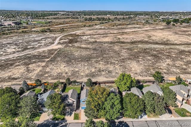 Aerial view of dry open land beside homes and tree-lined residential streets.
