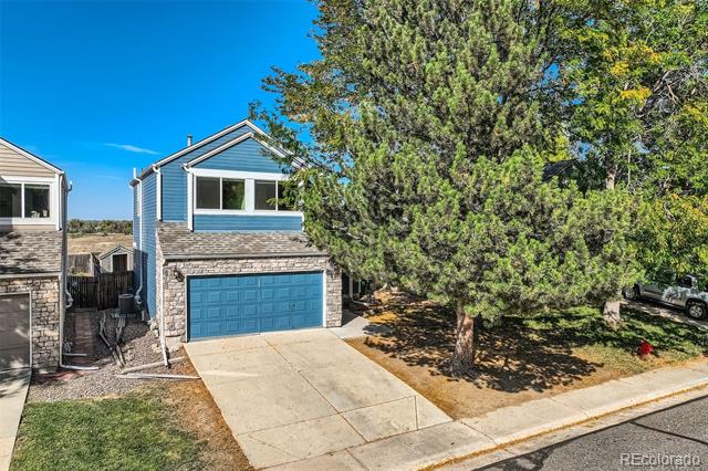 Blue-and-stone two-story home with a blue garage door and large evergreen trees in front.