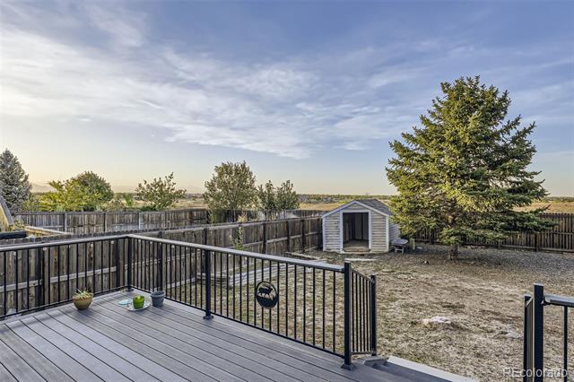 Fenced backyard with a raised deck, black railing, small shed, and large evergreen tree.