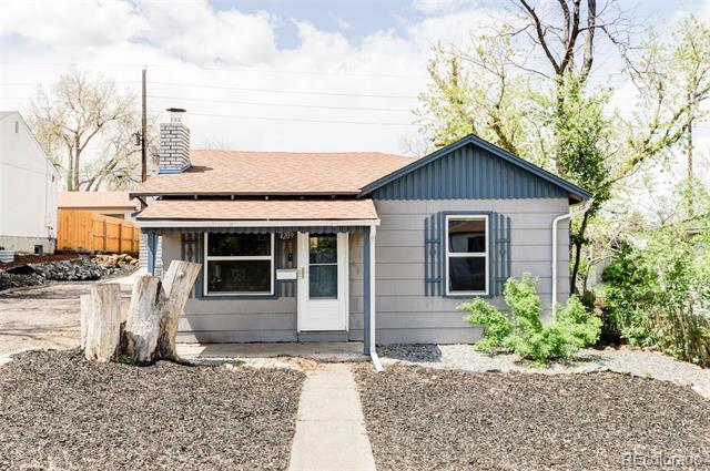 Gray single-story house with blue trim and a covered entry, viewed from the front.
