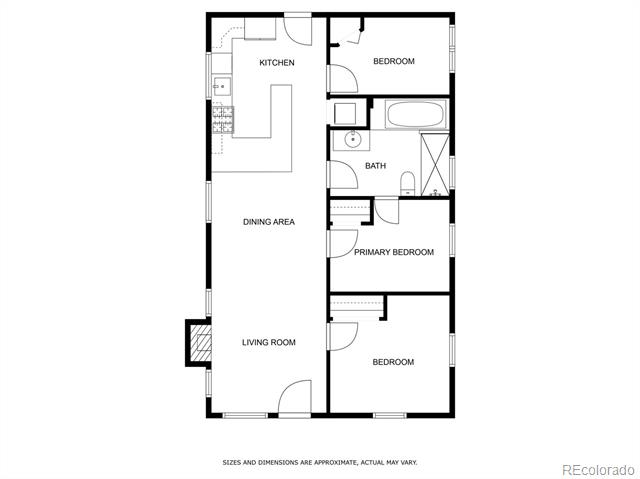 Floor plan with a kitchen, dining and living areas, one bathroom, a primary bedroom, and two bedrooms.