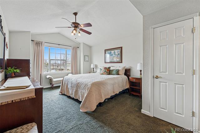 Furnished bedroom with a large bed, ceiling fan, and wide curtained window.