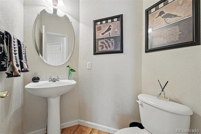 Bathroom with a pedestal sink, oval mirror, toilet, and framed bird artwork.