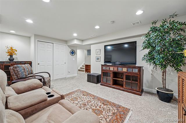 Living room with sectional seating, television on a wooden console, patterned rug, and potted tree.
