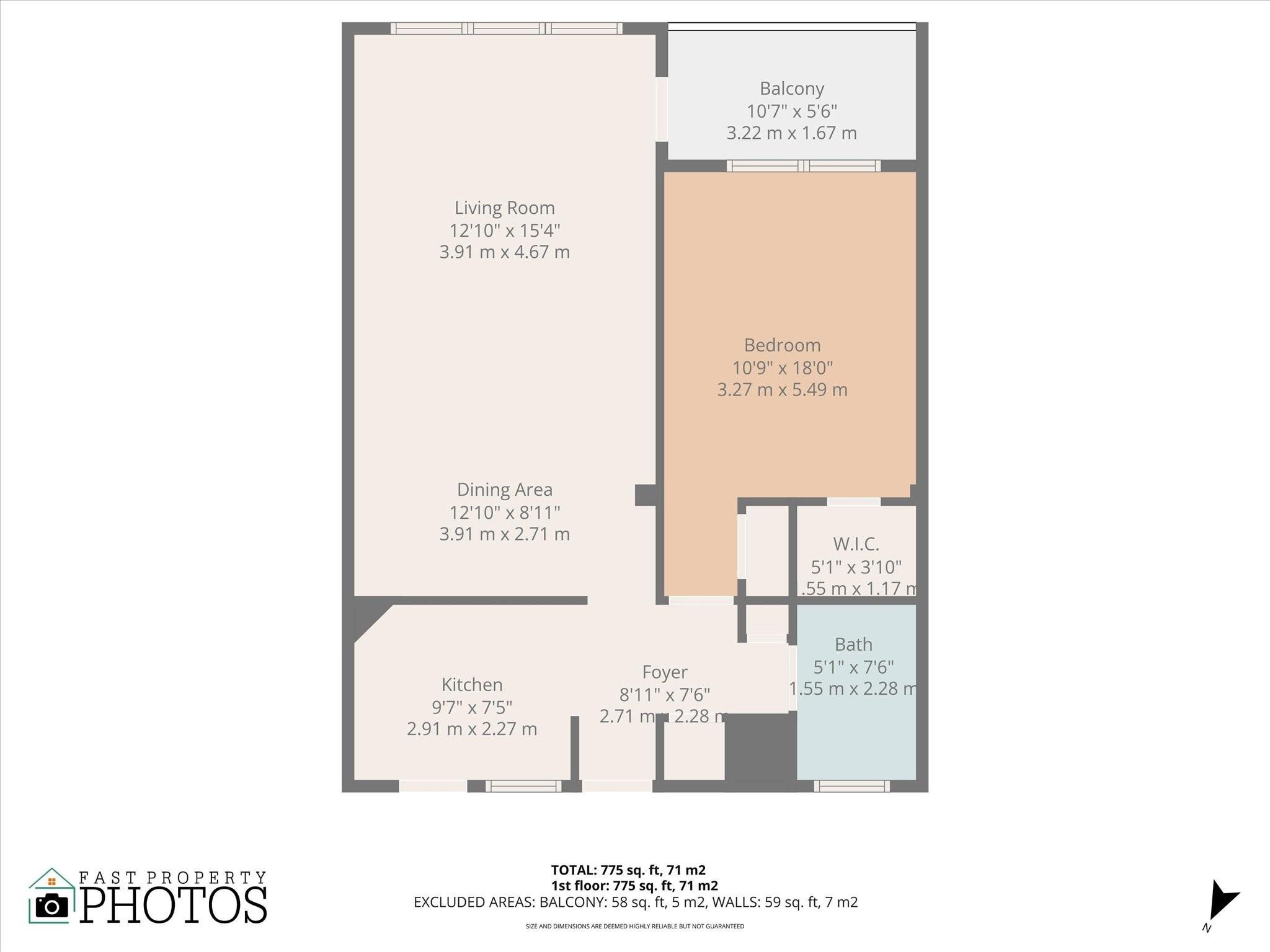Floor plan for 201 N Ocean Boulevard 202 with one bedroom, balcony, living and dining areas, kitchen, and bath.