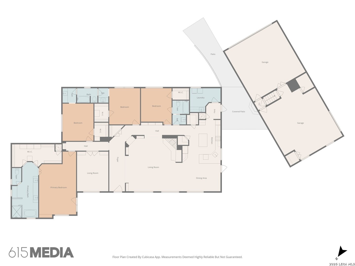 Floor plan showing four bedrooms, open living and dining areas, a covered patio, and detached garage.