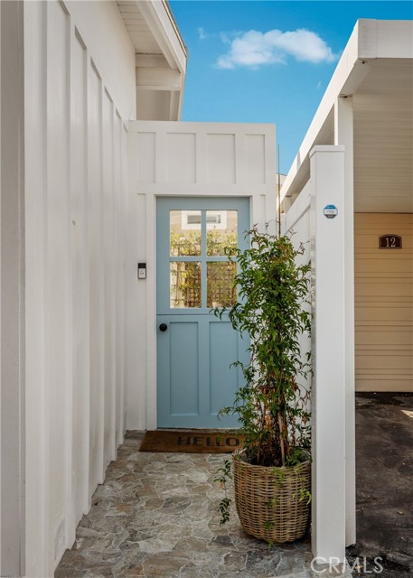 Entryway with a pale blue windowed door, stone walkway, and potted plant.
