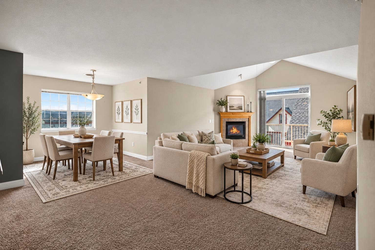 Open-concept living and dining room with a fireplace, vaulted ceiling, and sliding glass doors.