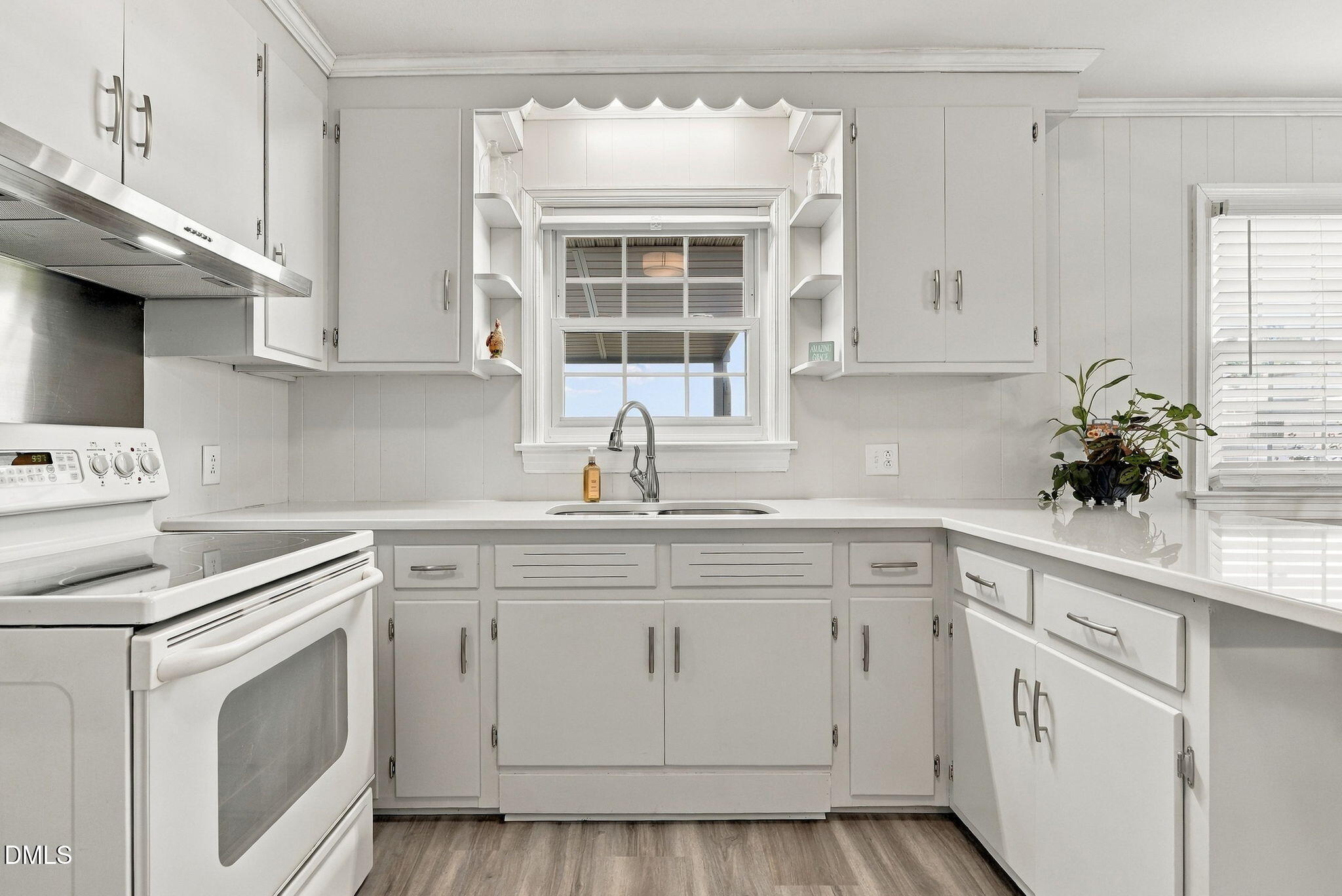 White kitchen with shaker cabinets, a sink beneath a window, and a potted plant on the counter.