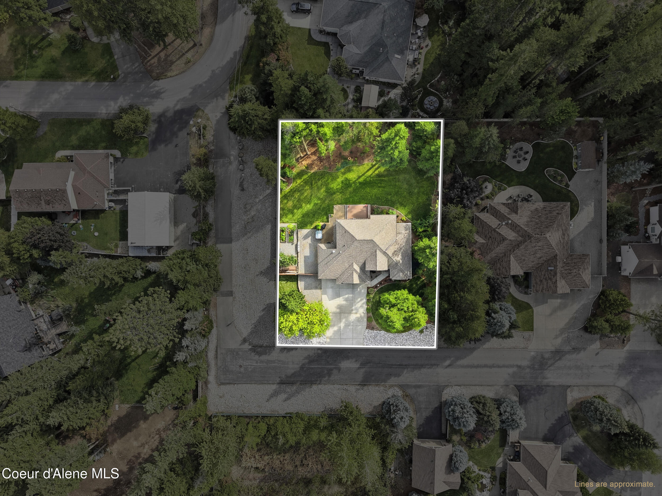 Aerial view of a home and landscaped lot outlined in white, with a driveway and mature trees.