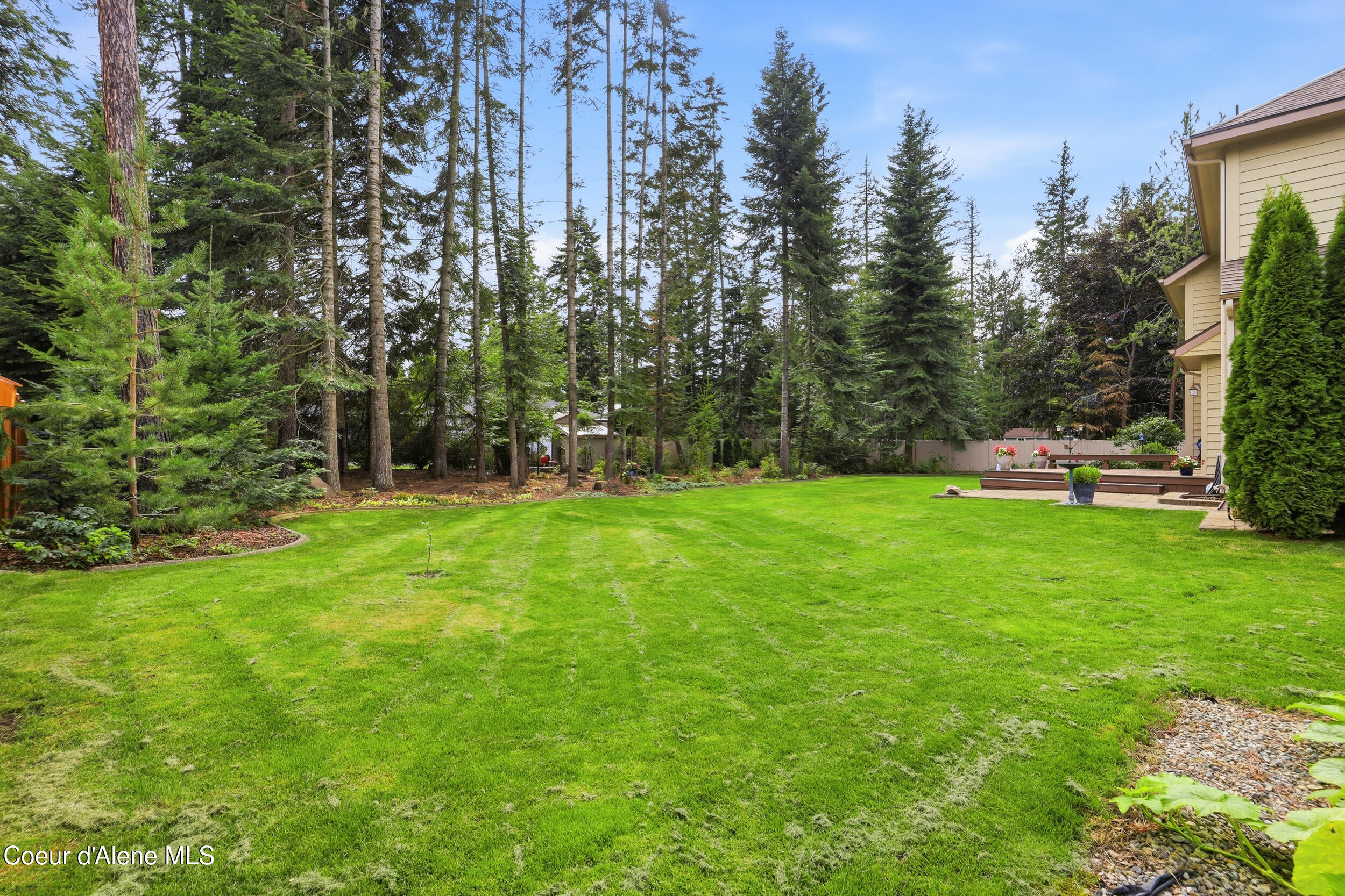 Spacious green backyard bordered by tall evergreens, with a raised deck beside the home.