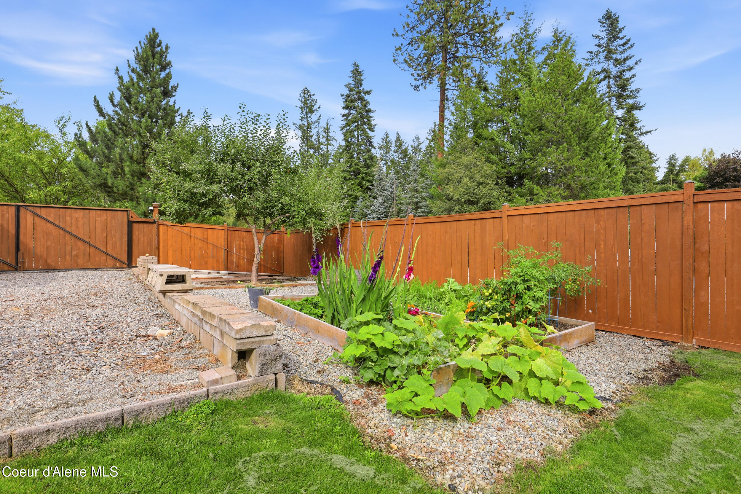 Backyard garden with raised vegetable beds, colorful flowers, gravel paths, and a tall wooden fence.