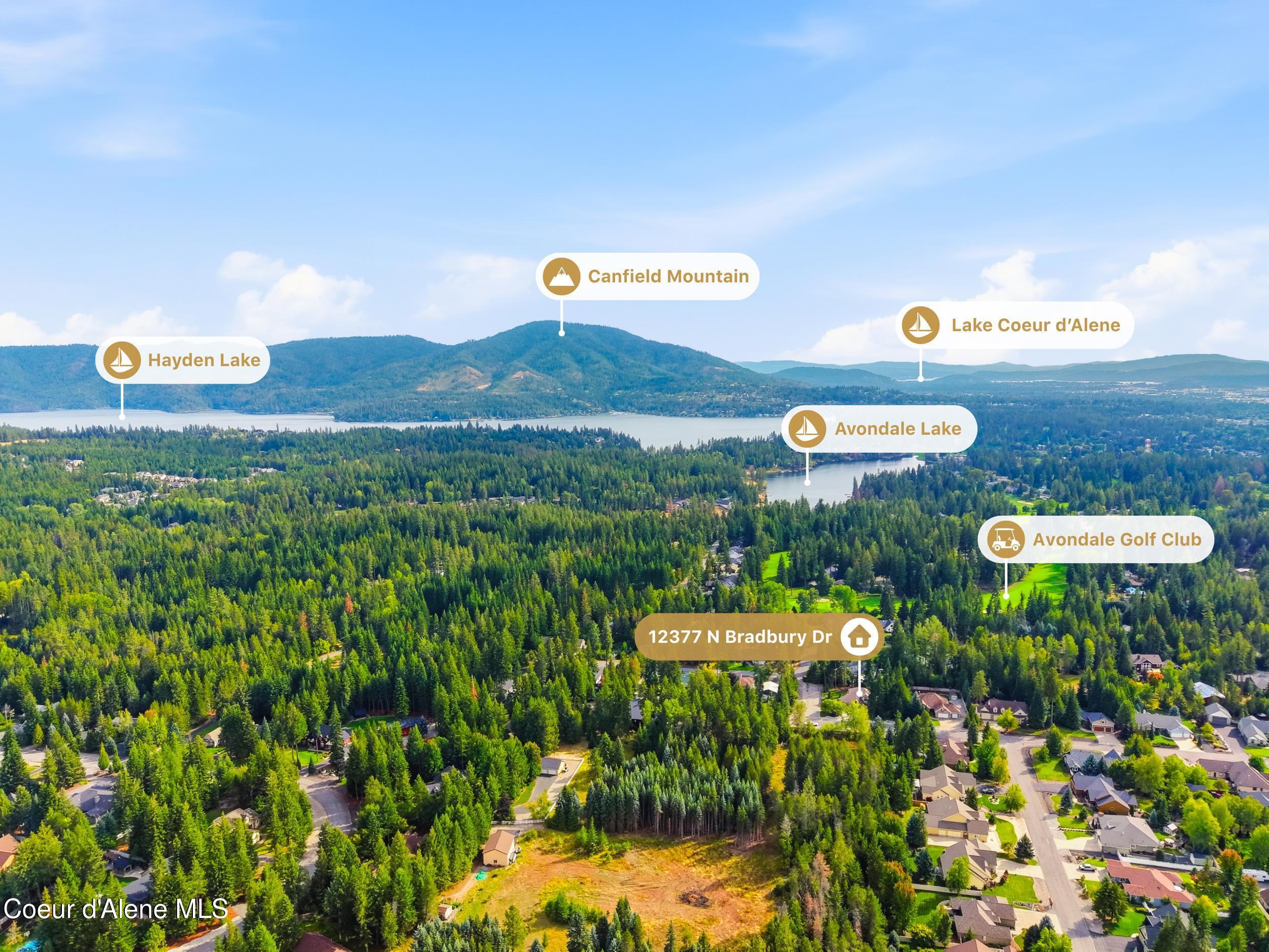 Aerial view of the wooded neighborhood, with nearby lakes, Canfield Mountain, and Avondale Golf Club labeled.