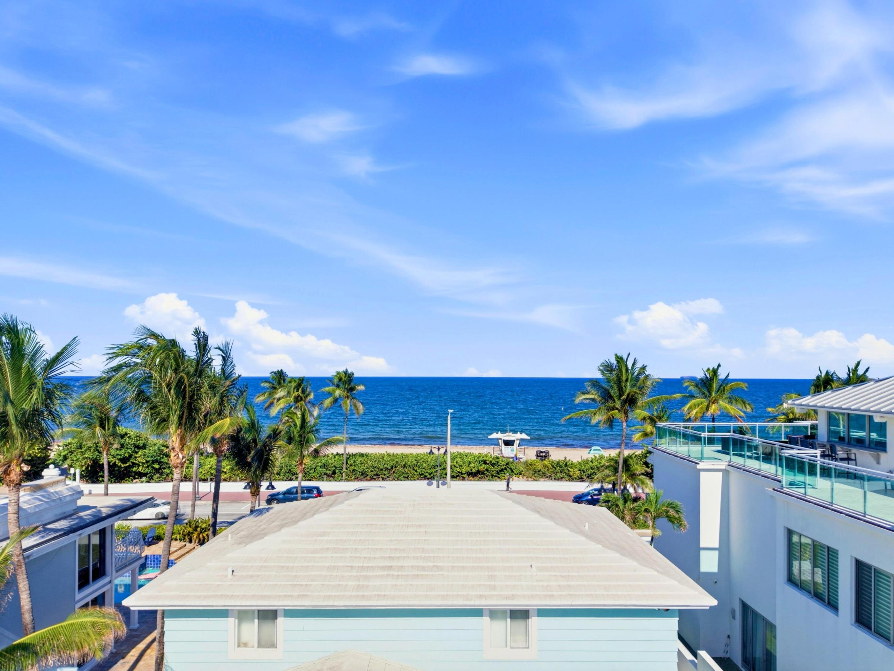 Elevated view of the ocean and beach beyond palm trees and neighboring homes.