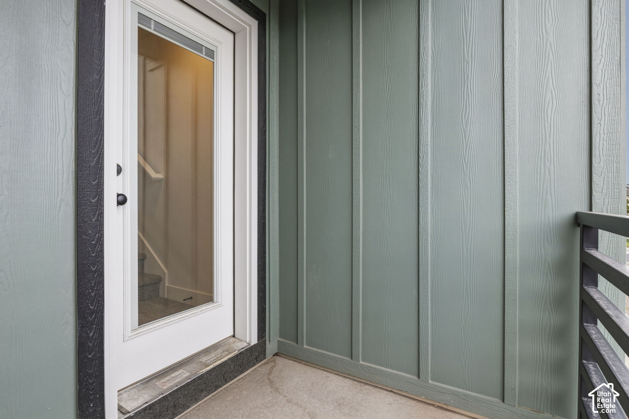 Home entry with a white glass-panel door, sage-green siding, and dark porch railing.