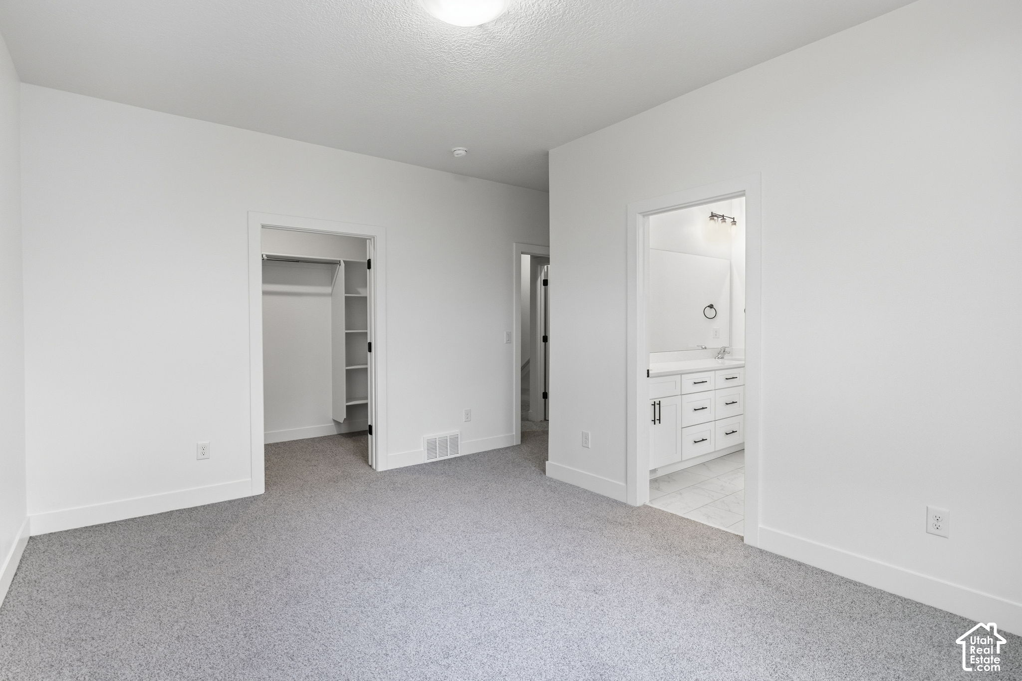 Empty carpeted bedroom with an open closet and adjoining bathroom vanity.