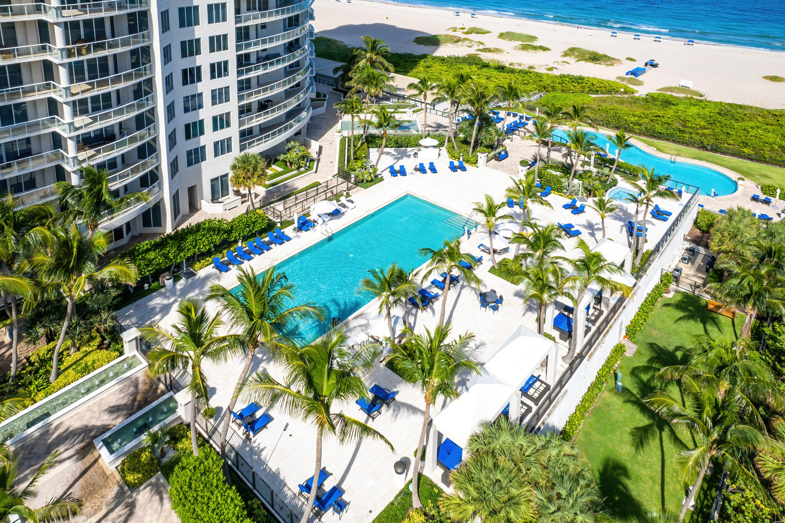 Beachfront condominium pool deck with palm trees, lounge chairs, and oceanfront beach.