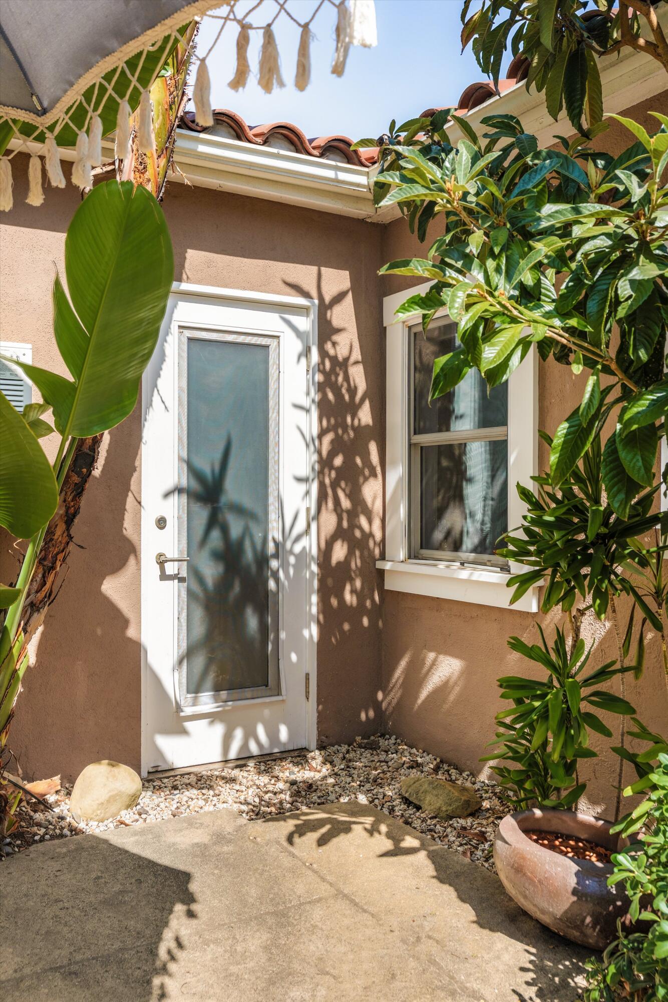 White glazed entry door and window framed by tropical plants and a gravel patio.