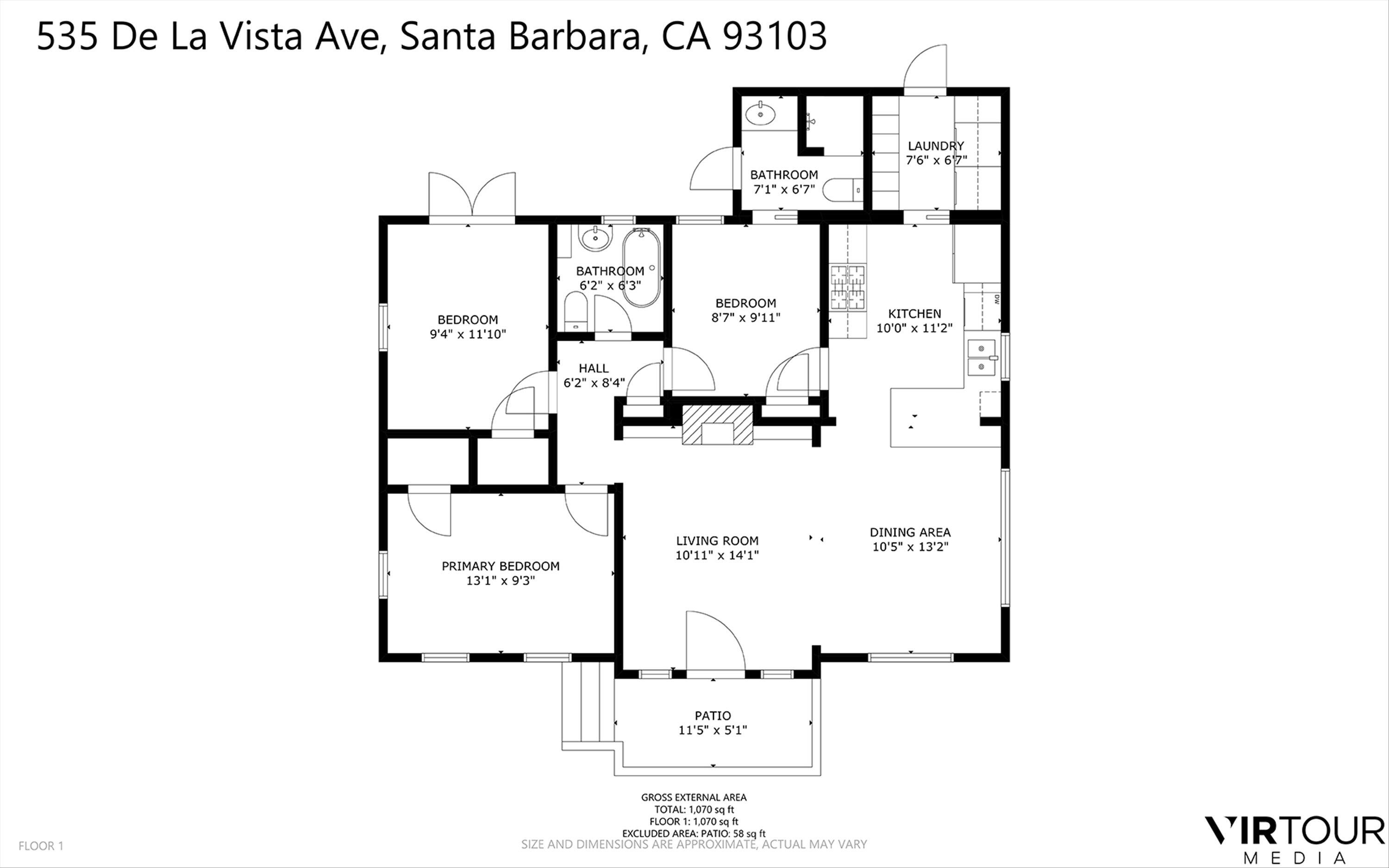 Floor plan of 535 De La Vista Avenue, showing three bedrooms, two bathrooms, living and dining areas, and a patio.
