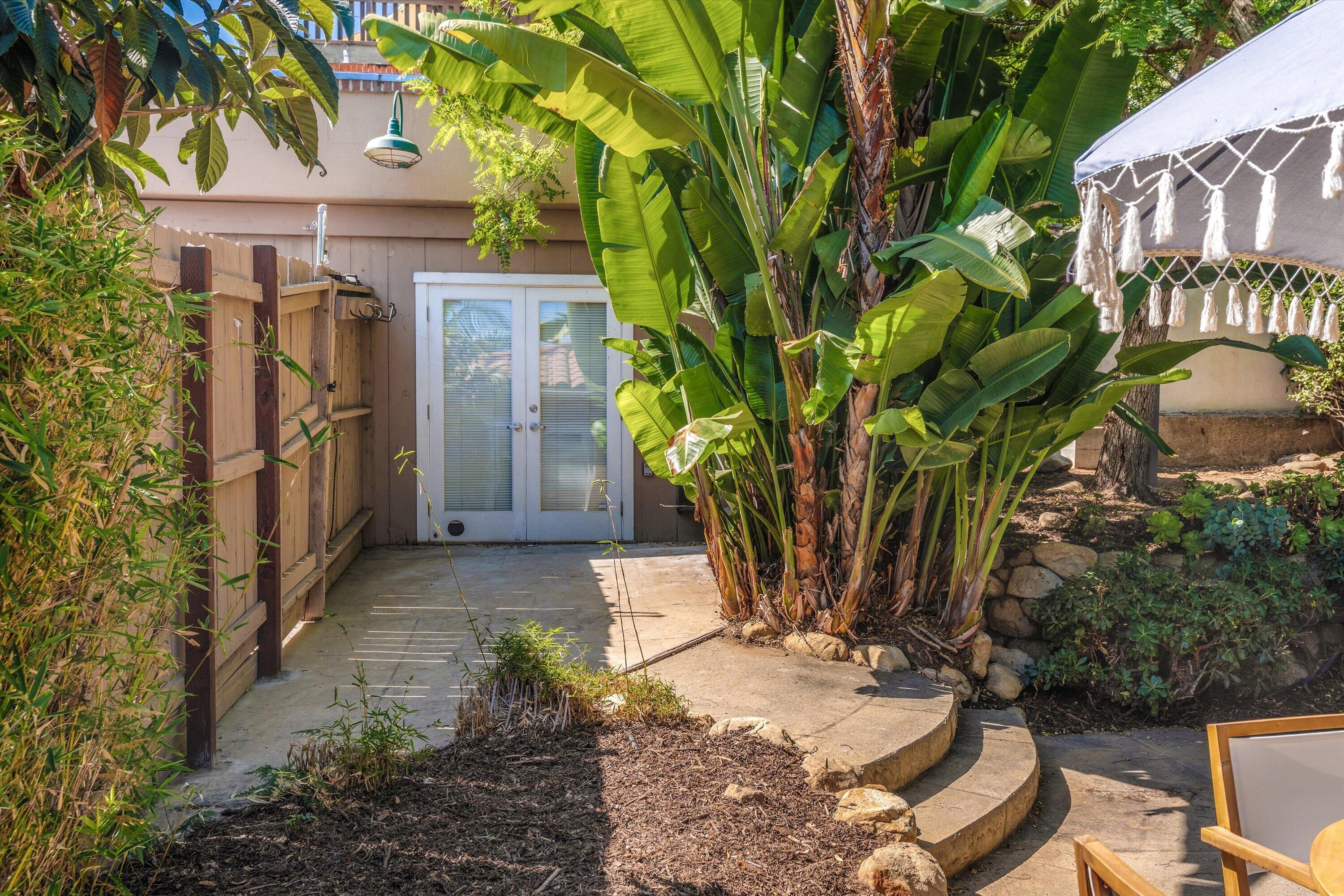 Backyard patio with tropical plants, a curved stone border, and glass double doors.
