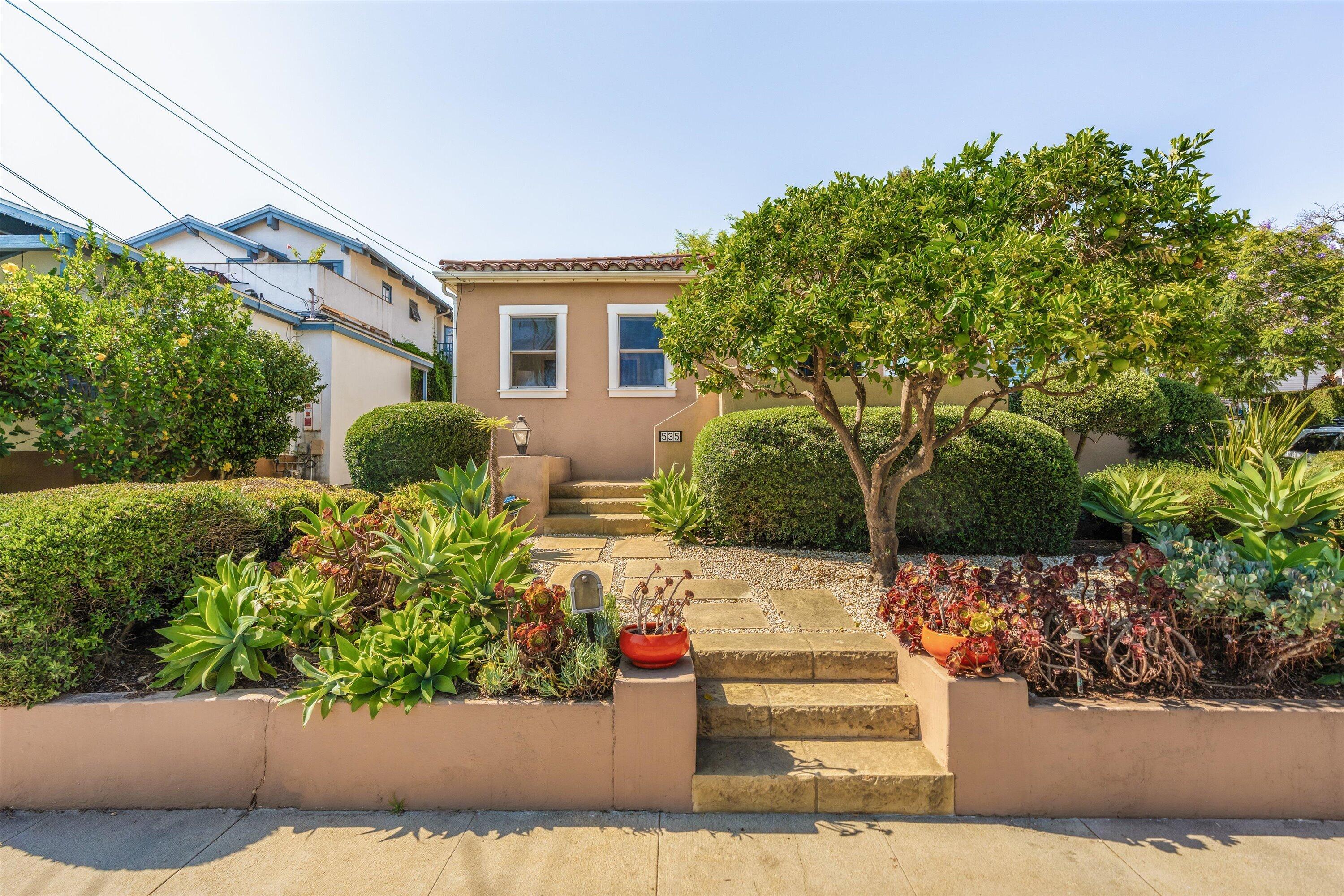 Tan stucco house with entry steps, lush succulent garden, and fruit-bearing citrus tree.