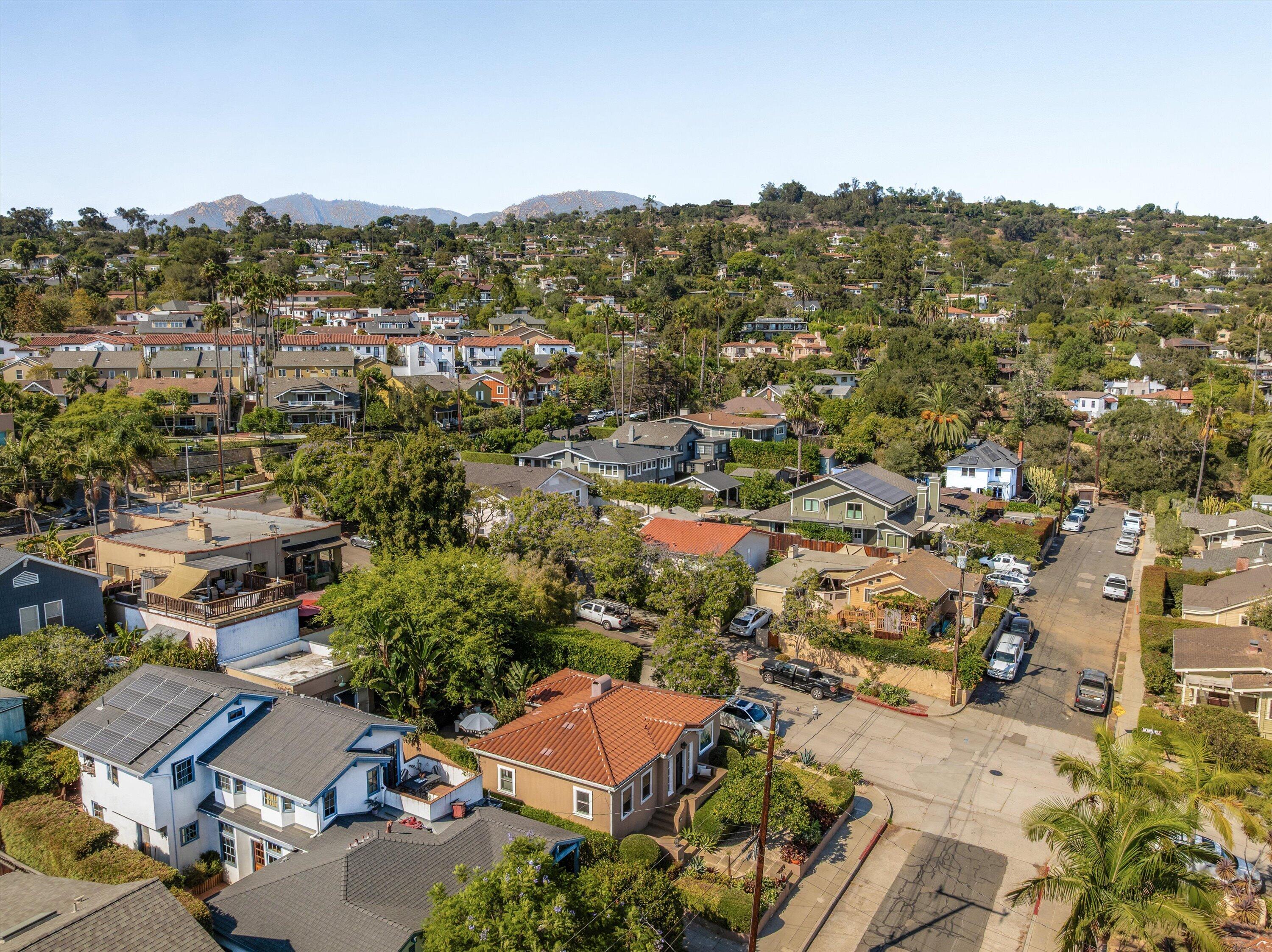 Aerial view of a palm-lined residential neighborhood with mountains in the distance.