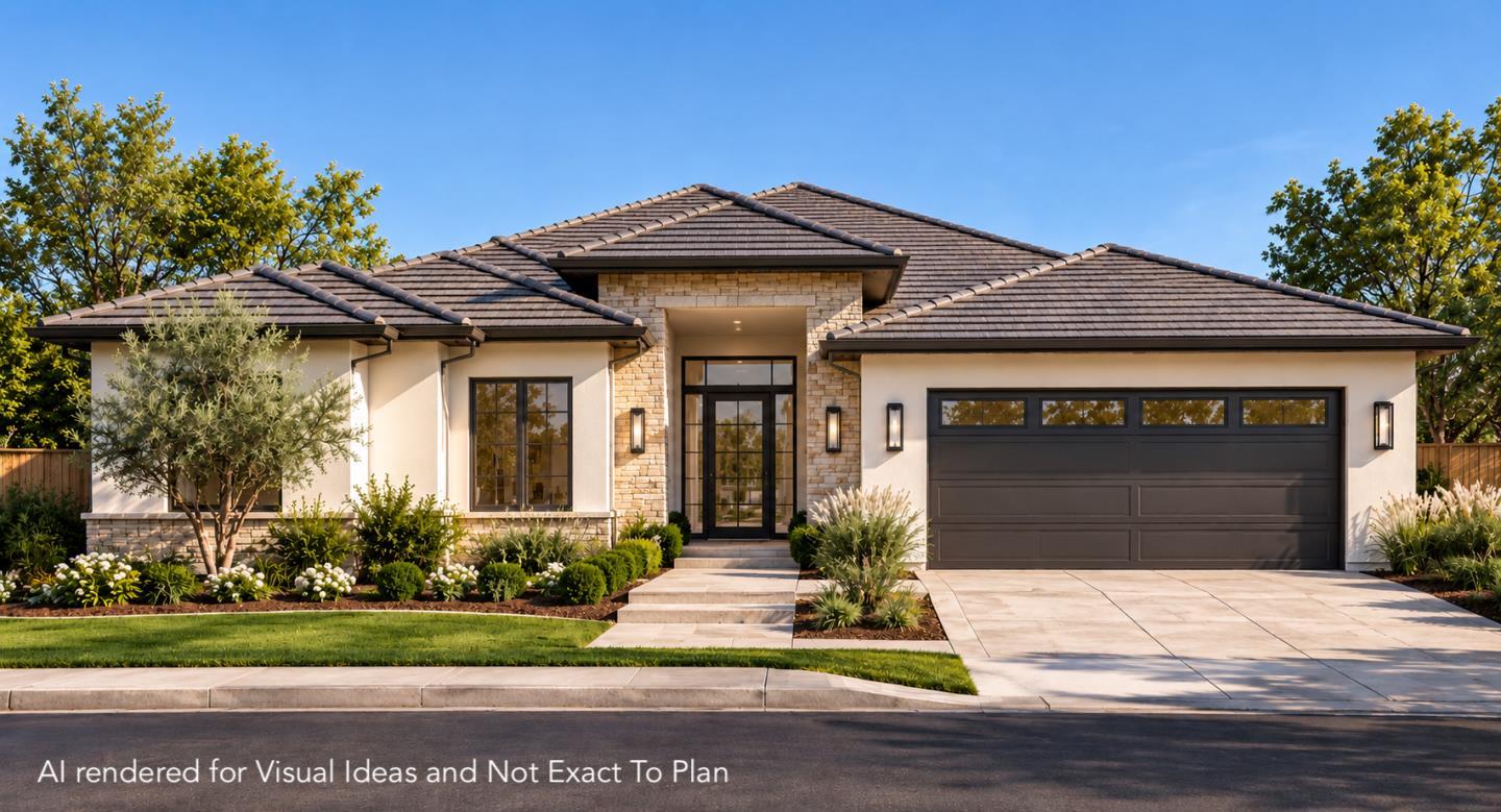 Single-story home with a stone entry, dark double garage, tiled roof, and landscaped front yard.