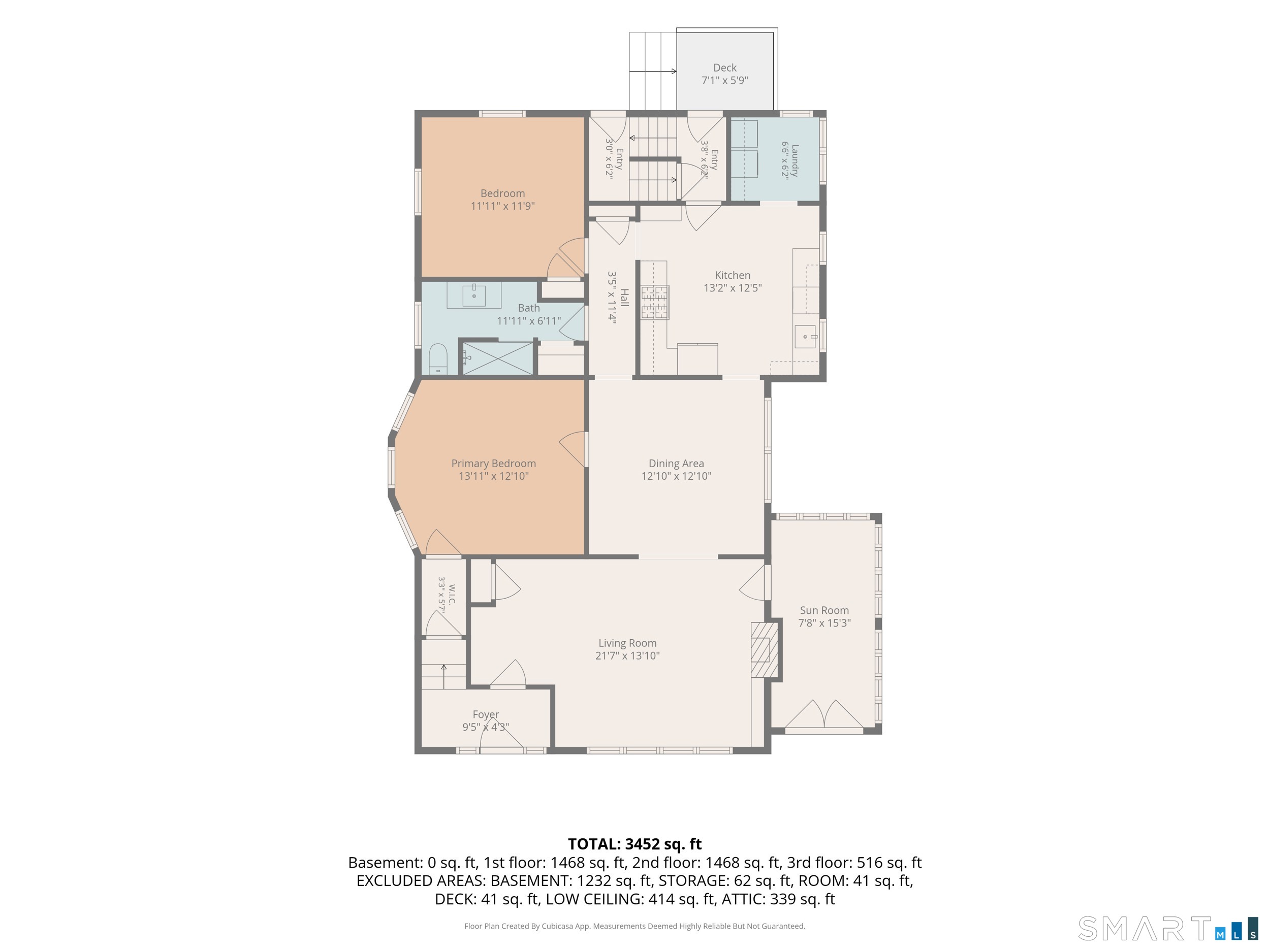 Floor plan showing two bedrooms, kitchen, dining area, living room, sun room, and deck.