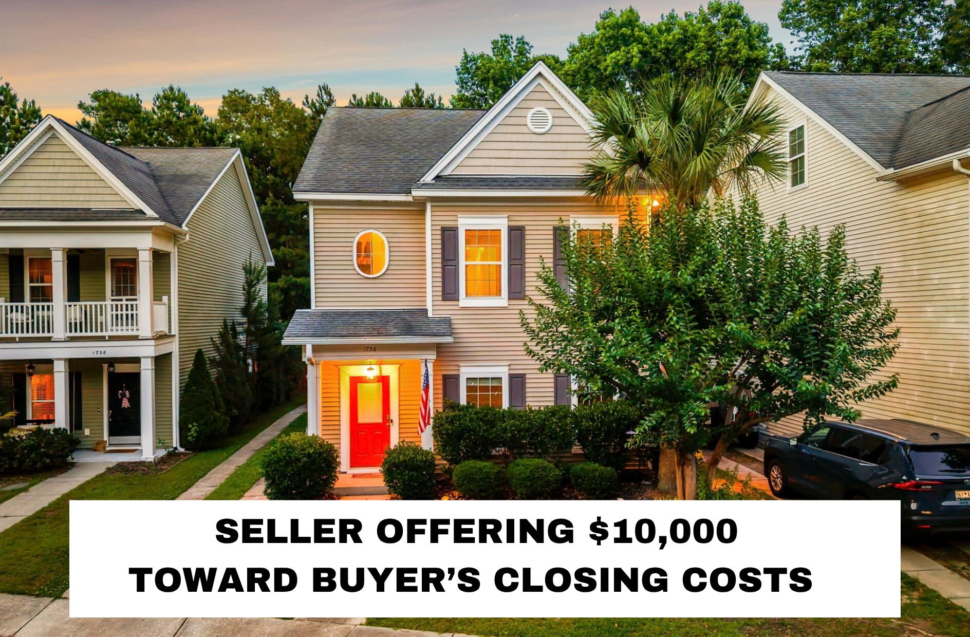 1736 Towne Street home with a red front door at dusk and a $10,000 closing-cost offer.